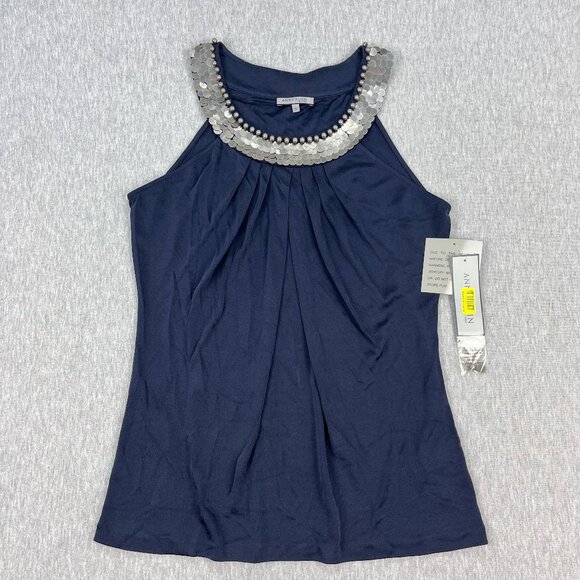 Anne Klein Sleeveless Top Womens L Navy Blue Silk Nylon Round Neck Metal Sequins - Picture 3 of 14